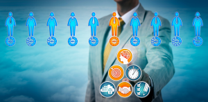 A staffing professional using an AI app to search for a successful candidate in a virtual talent pool. The image depicts the use of AI in interviewing and talent assessment to enhance recruitment efficiency.