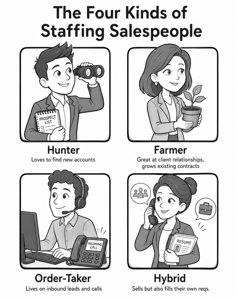 The 4 Types of Staffing Salespeople: Hunter, Farmer, Order-Taker & Hybrid — And How to Maximize Each