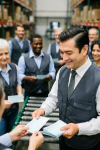 A recruiter passing out checks.