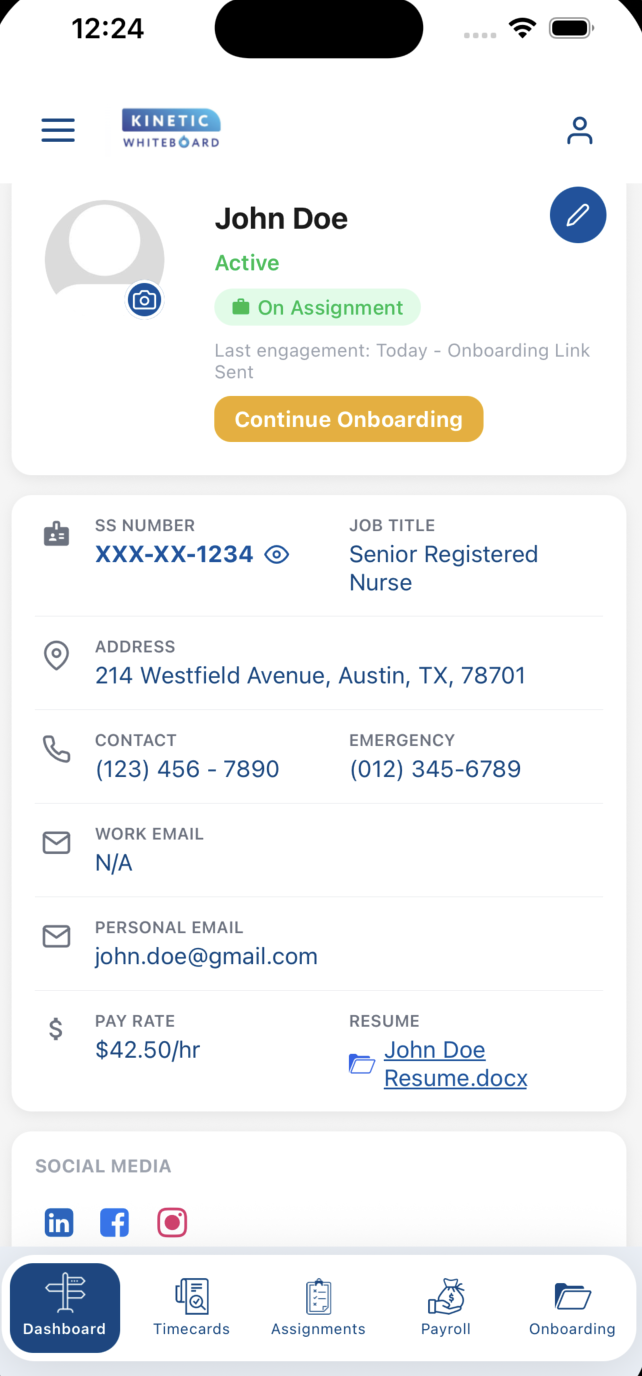 The Kiniso app dashboard